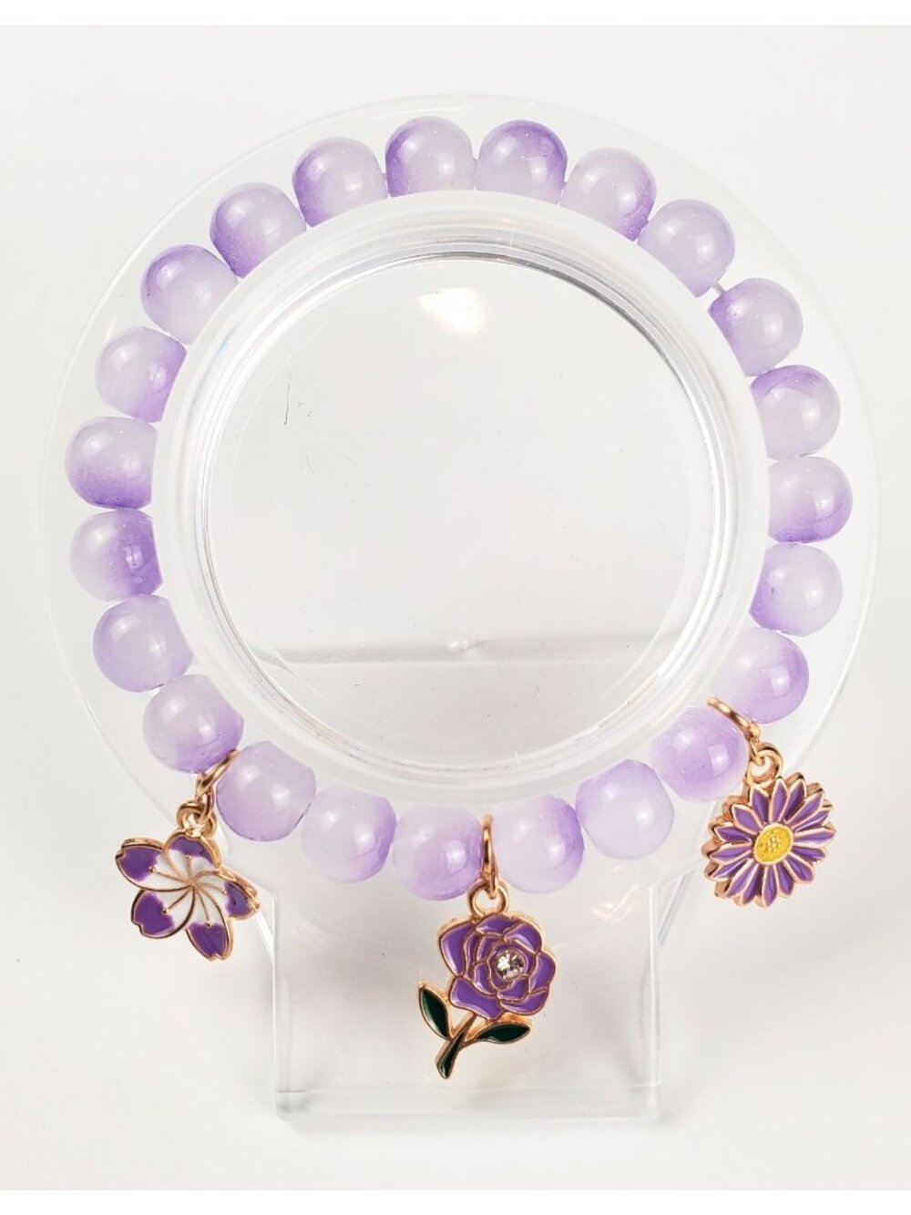 Lavender Beaded Bracelet With Floral Charms And Gold Accents - Elegant Handmade